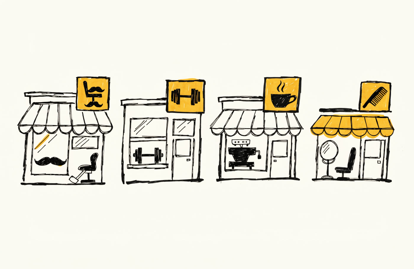 Dibujo de cuatro negocios de barrio: barbería, gimnasio, café y peluquería, cada uno con su ícono