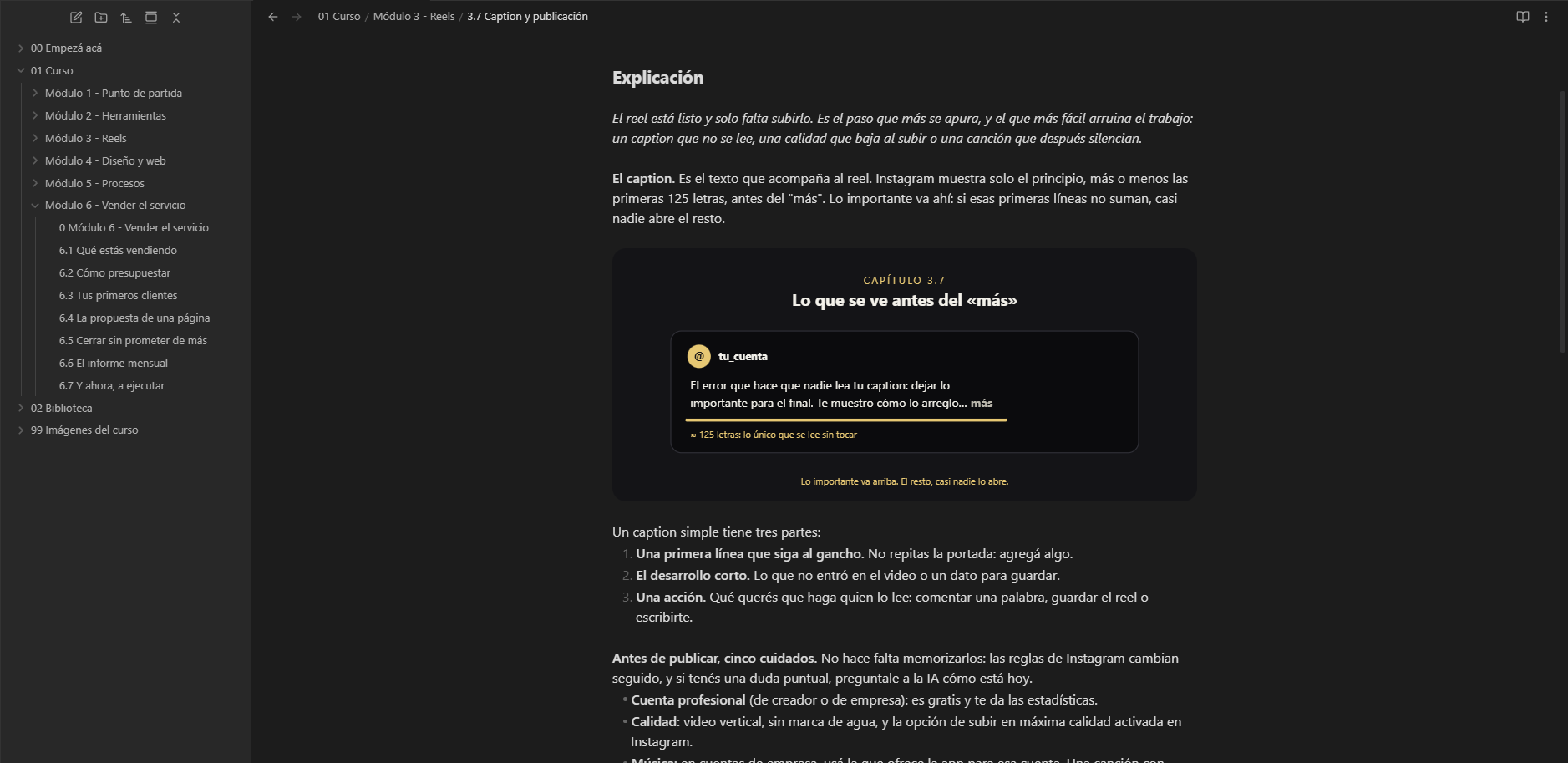 Un capítulo del curso abierto en Obsidian